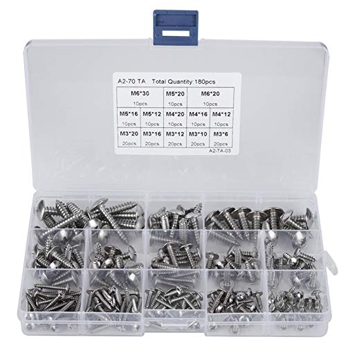 Screws Flat Head, 180Pcs M3 M4 M5 M6 Stainless Steel Flat Head Self-Tapping Screws Assortment Set for Multiple Purpose