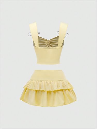 Miniatura 2 de SHENHE Conjunto de 2 piezas para mujer Y2k, minifalda fruncida con volantes y camiseta corta sin mangas