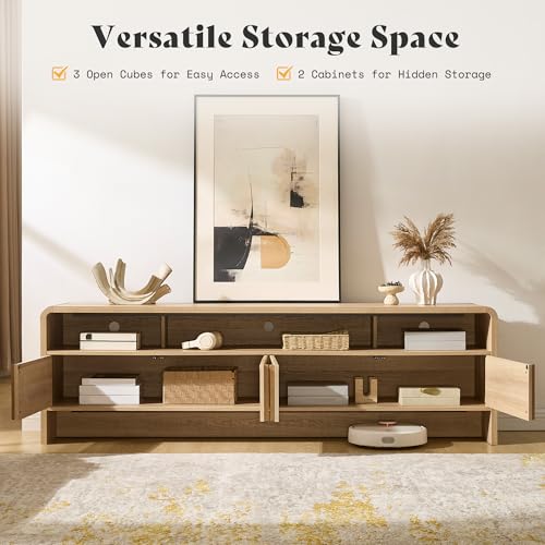 Image of AMERLIFE Modern TV Stand for TVs up to 80 inch, 70 inch Fluted TV Console with Storage Cabinets, Wood Entertainment Center Media Console for Living Room, Natural Oak