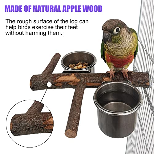 Bird Feeding Dish Cups, Hanging Stainless Steel Parakeet Feeder, Bird Feeder for Cage & Watering Supplies with Natural Wood Perch Platform for Parakeet Cockatiels Conure Budgies Lovebird Finch