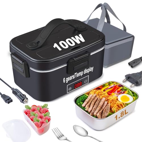 Kimfead Scaldavivande Elettrico Portatile 100W 1,8L con Display Temperatura, Porta Pranzo Termico Lunch Box Elettrico Acciaio Inox Rimovibile 12v/24v/230v per Auto Camion Uffici