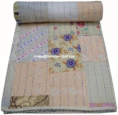 White Khambadiya Print Hand Patchwork Patch Decor Queen/King Size Embroidery Kantha Quilt Home Decorative Khambadiya Kantha Quilt Kantha Bedspread Indian Blanket Quilt with 2 Pillows Cover
