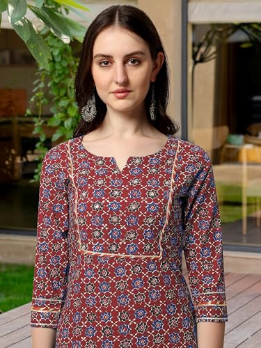 Image of MIRCHI FASHION Pure Cotton Women Straight Embellished Ajrakh Print Kurti Set with Dupatta and Pant