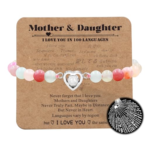 Image of Uloveido Mom Daughter Natural Stone Bracelets Gift - I Love You 100 Languages Bracelets Heart Charm Projection Bracelets Set for Mothers Daughters of 1 2 3pc YA4748