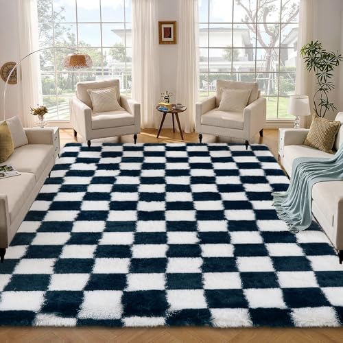 Garvee Checkered Area Rug 9x12 Large Rug Thick Super Soft Shaggy Rugs Fluffy Carpet Fluffy Fuzzy Shag Washable Rugs for Living Room Nursery Bedroom Lu