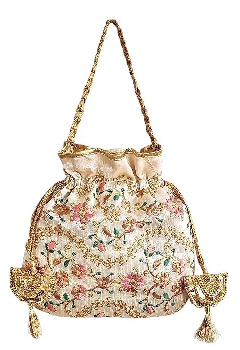 Off-White Embroidered Floral Potli Bag for Women | Ethnic Wedding & Party Potli Purse with Golden Handle & Tassels | Traditional Bridal Batwa for Festive, Gifting | Lightweight & Spacious-image-48