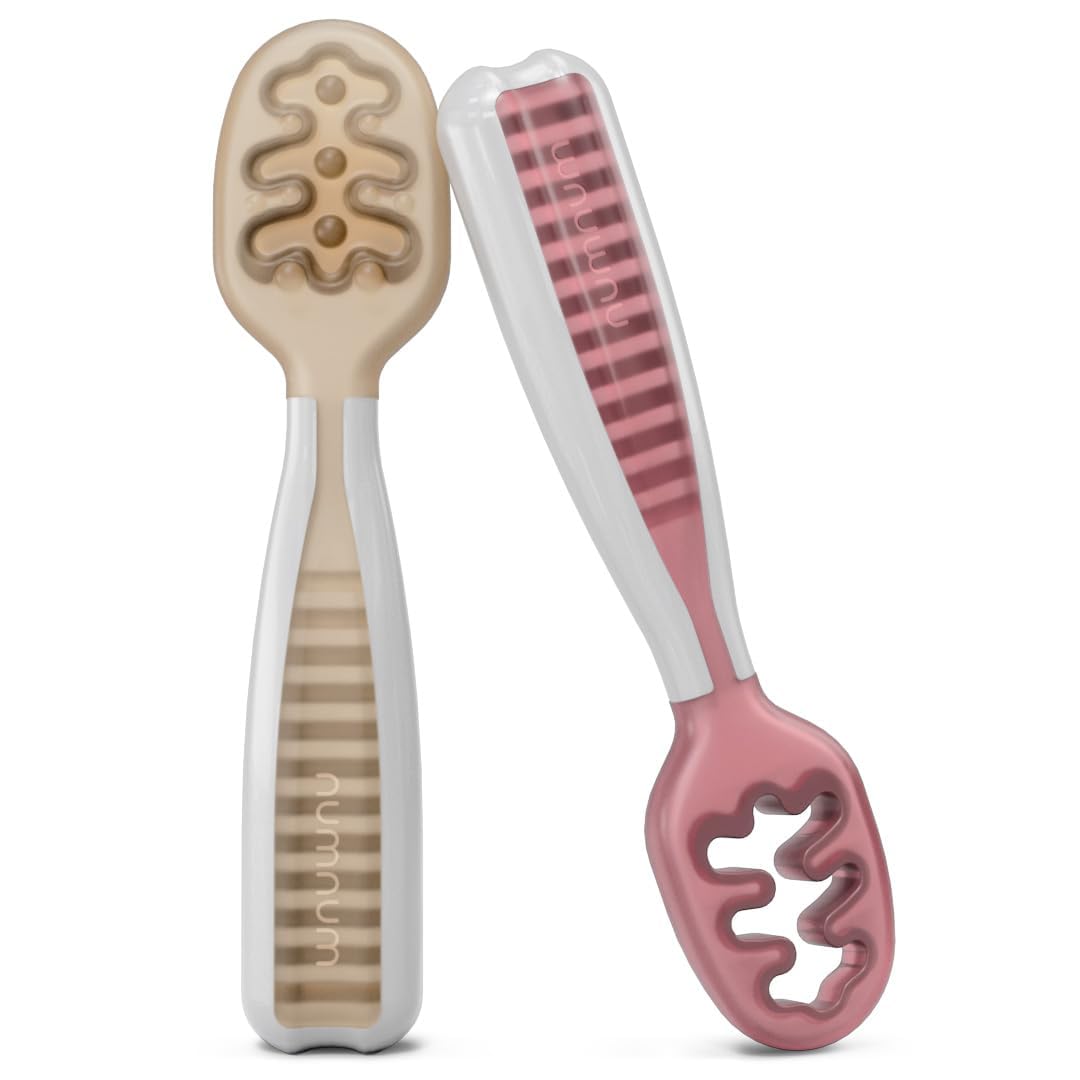 NumNum GOOtensils Babylöffel Set - Stufe 1+2 Esslernlöffel Baby ab 6+ Monaten - Beikost Baby Zubehör BLW - BPA frei Silikon Löffel Selber Essen - 2er (Beige/Mauve)