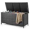 Tangkula tightly woven rattan deck box patiojoy storage cabinet container with polyester liner universal wheels gas strut 85 gallon indoor outdoor storage box for pillows cushions black  urban country home decor