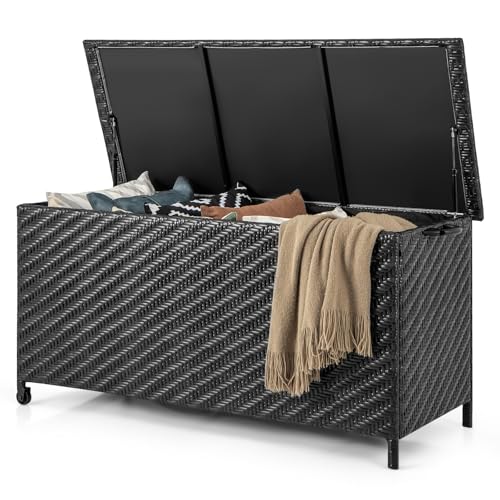 Tangkula Tightly Woven Rattan Deck Box Patiojoy Storage Cabinet Container with Polyester Liner Universal Wheels Gas Strut 85 Gallon Indoor Outdoor Storage Box for Pillows Cushions Black