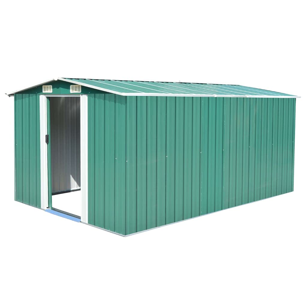 Domek ogrodowy 257x392x181 cm zielony metal, domek ogrodowy, domek do przechowywania ogrodu, domek na narzędzia ogrodowe