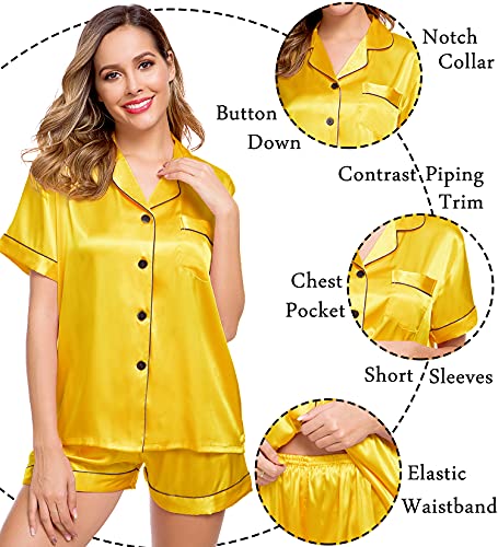 Image of LecGee Womens Silk Satin Pajamas Short Sleeve Loungewear Two-Piece Sleepwear Button-Down Pj Set