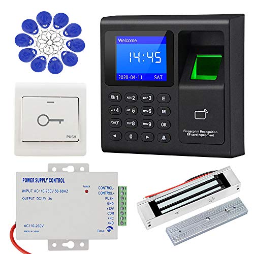 LIBO Complete RFID Access Control System Fingerprint Access Controller Keypad, DC12V Power Supply Transformer, 180kg/350lbs Electric Magnetic Lock with Door Switch Button, 125KHz ID Cards Keychains