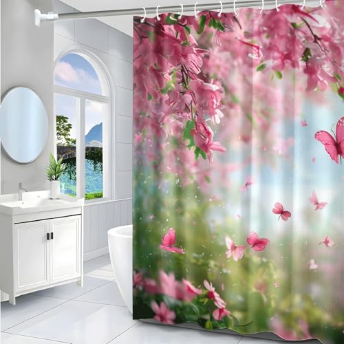 Rideau douche vert rose en polyester lavable 180x200cm pour baignoire - 4