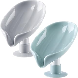 Soap Holder with Suction Cup - Tomicy 2 Pieces Leaf Shape Hollow Soap Holder, Leave-shaped Soap Box, Plastic Soap Dish No Drilling for Bathroom Shower Kitchen (Green, Grey)