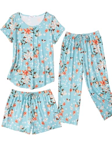 Image of Ekouaer 3 PCS Capri Pajamas for Women Set Short Sleeve Pajama Lounge Sets | Floral Pj Sets Top and Capri Pants Soft Comfy Sleepwear with Pockets for Home, Daily Wear for Mom, Wife, Grandmother