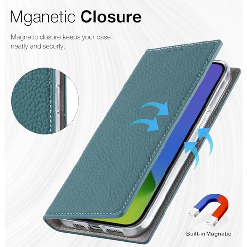 Étui pour iPhone 12 et 12 Pro en cuir véritable bleu clair avec blocage RFID