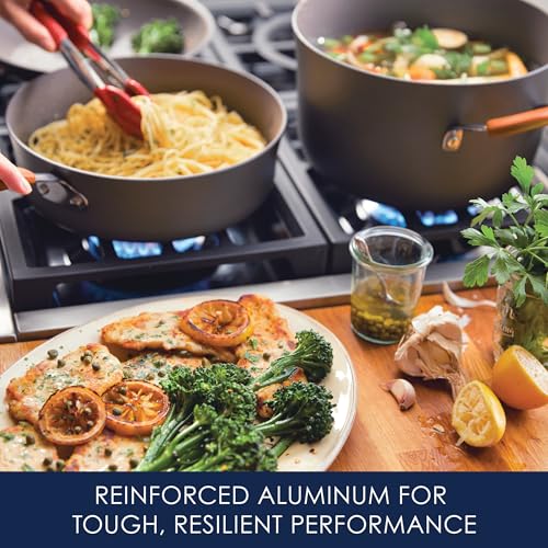 Image of Rachael Ray Cucina Dishwasher-Safe Hard-Anodized Pots and Pans Set Non Stick Cookware, 12 Piece, Gray with Orange Handles
