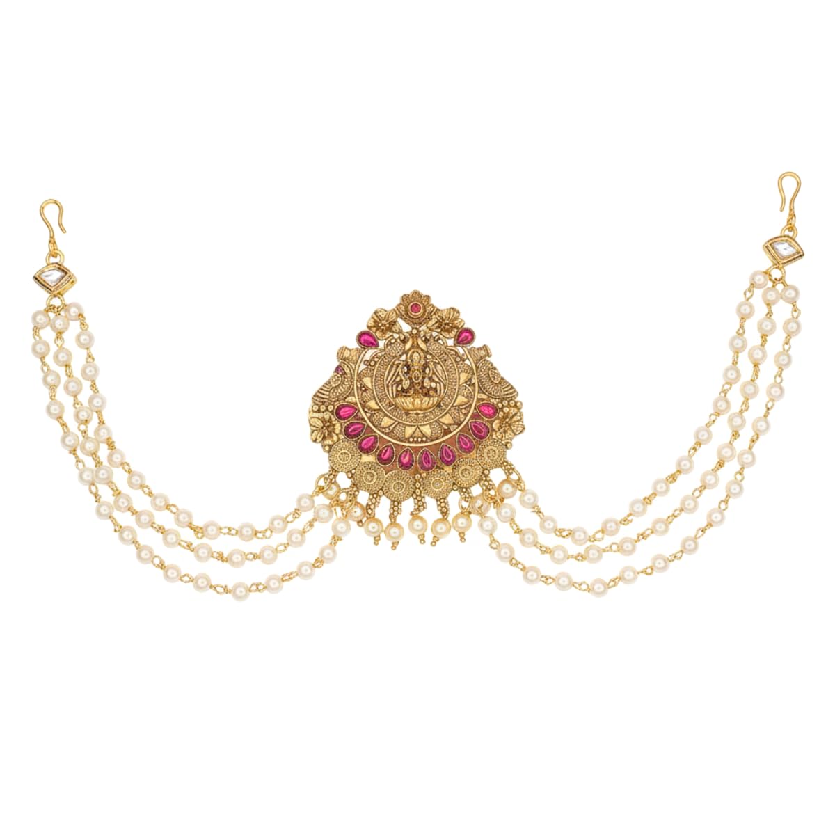 Traditional Brass Choti Hair Accessory with Pearl Chains and Lakshmi Motif for Women | Gold Plated South Indian Bridal Juda Hair Accessory for Temple & Festive