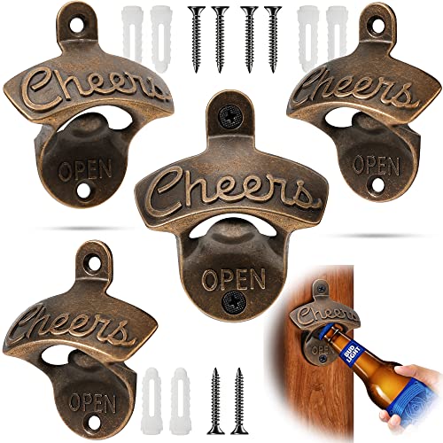 Dukclyn Diy Cheers Beer Bottle Opener, Vintage Rustic Beer Opener Wall Mounted, Unique Cool Gifts For Men, Dad, Husband, Boyfriends, Beer Lovers In Bars, Man Cave, Hotels, Homes. Copper, 4Pcs #TOP19