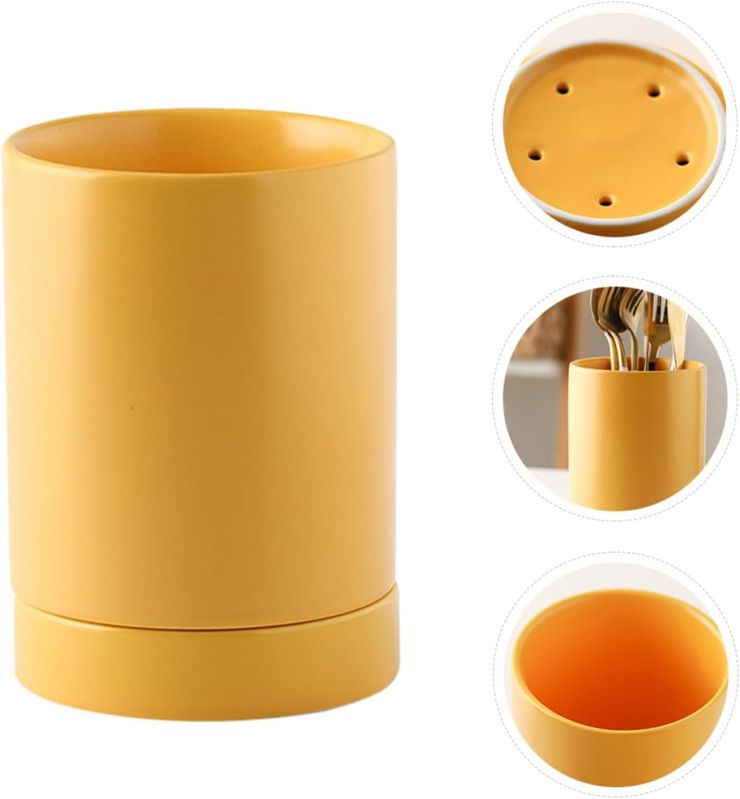HOMSFOU Ceramic Chopstick Holder with Drip Tray Kitchen Countertop Organizer Utensil Crock Multipurpose Storage for Flatware and Cooking Tools, Matte Yellow with Base