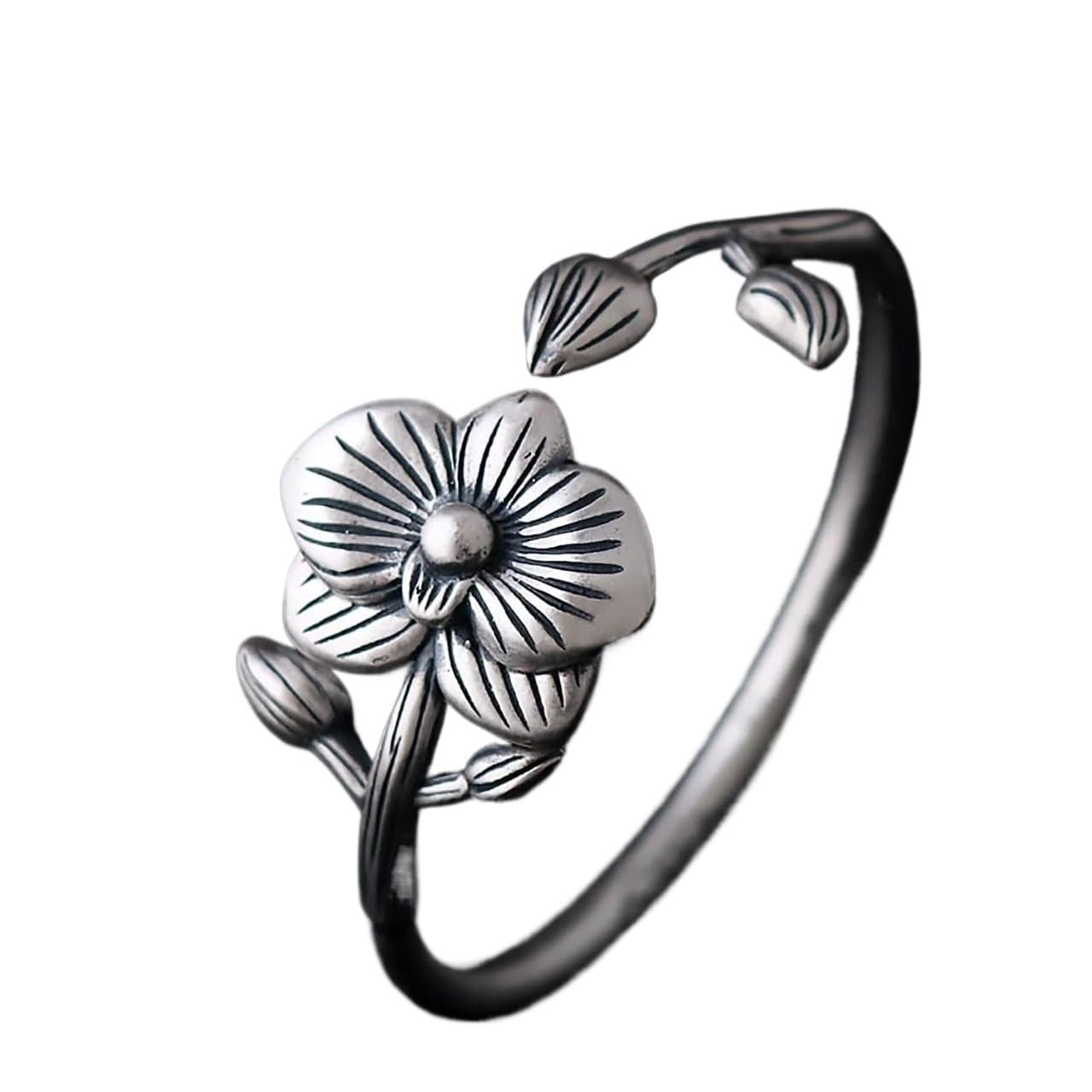 catene a catena, regolabili; Bracciale rigido aperto in argento sterling S990 for donna con motivi di loto e orchidea, 42 g