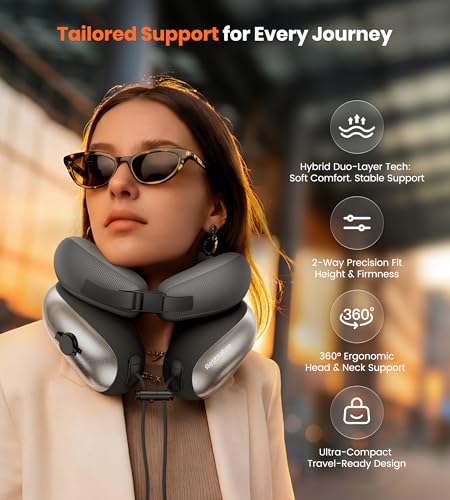 Image of Neck Pillow for Traveling, Travel Pillows for Airplanes, Adjustable Neck Pillow Airplane Travel Essentials - 2 Layer Patented | Inflatable Air Loop & Memory Foam for 360 Ergonomic Support