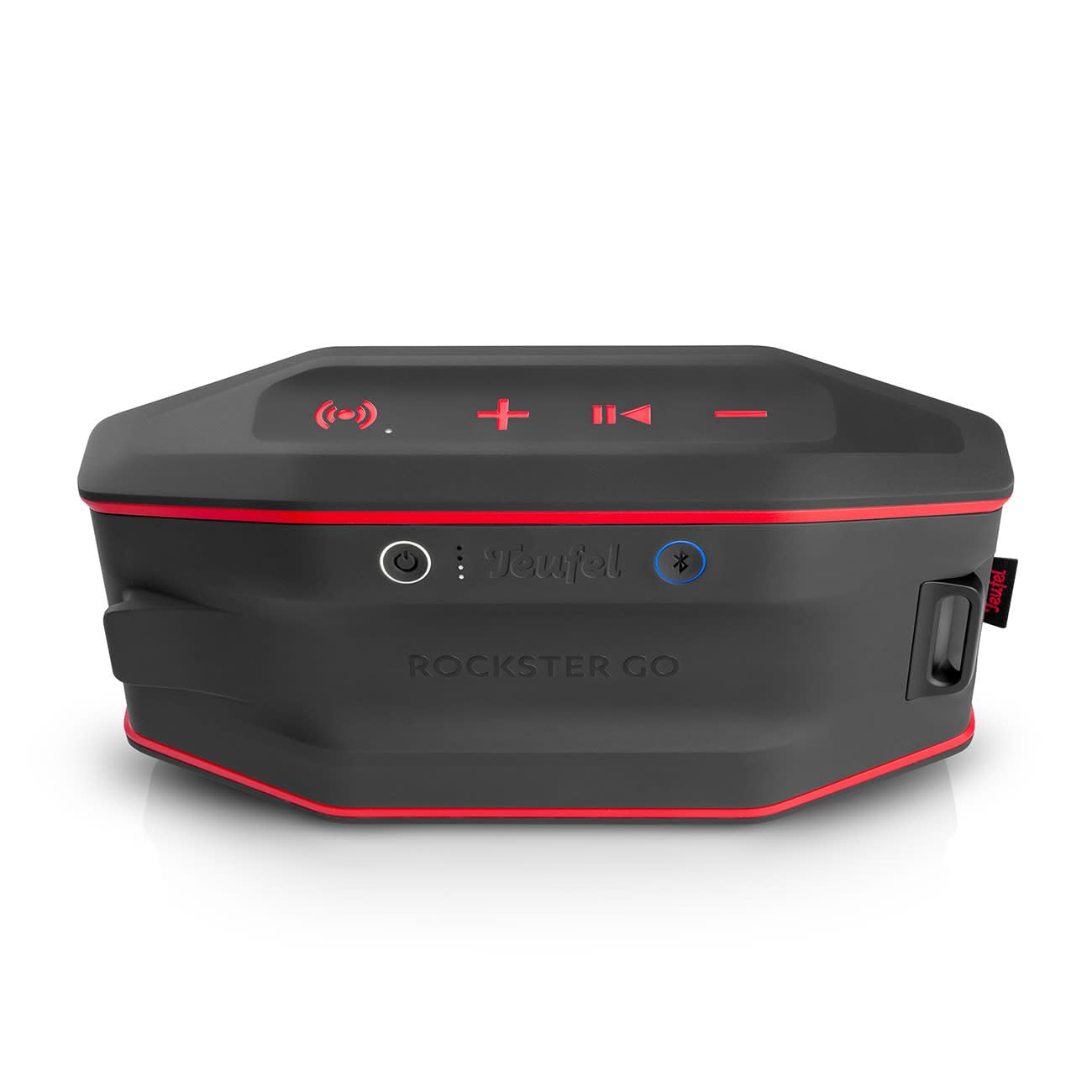 Teufel ROCKSTER GO 2 Bluetooth Speaker - Tragbarer Lautsprecher für draußen, mit Langer Akkulaufzeit (28 h), Wasserdicht IP67, Wireless Musikstreaming, USB Soundcard, Outdoor - schwarz/rot