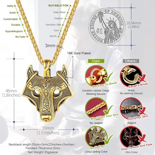 FaithHeart Naszyjnik z wilkiem wikingów dla mężczyzn, styl vintage, nordyckie runy, głowa wilka, Fenrir, wisiorek naszyjniki ze stali nierdzewnej/złoty/czarny, nordyckie prezenty, Stal nierdzewna, Bez