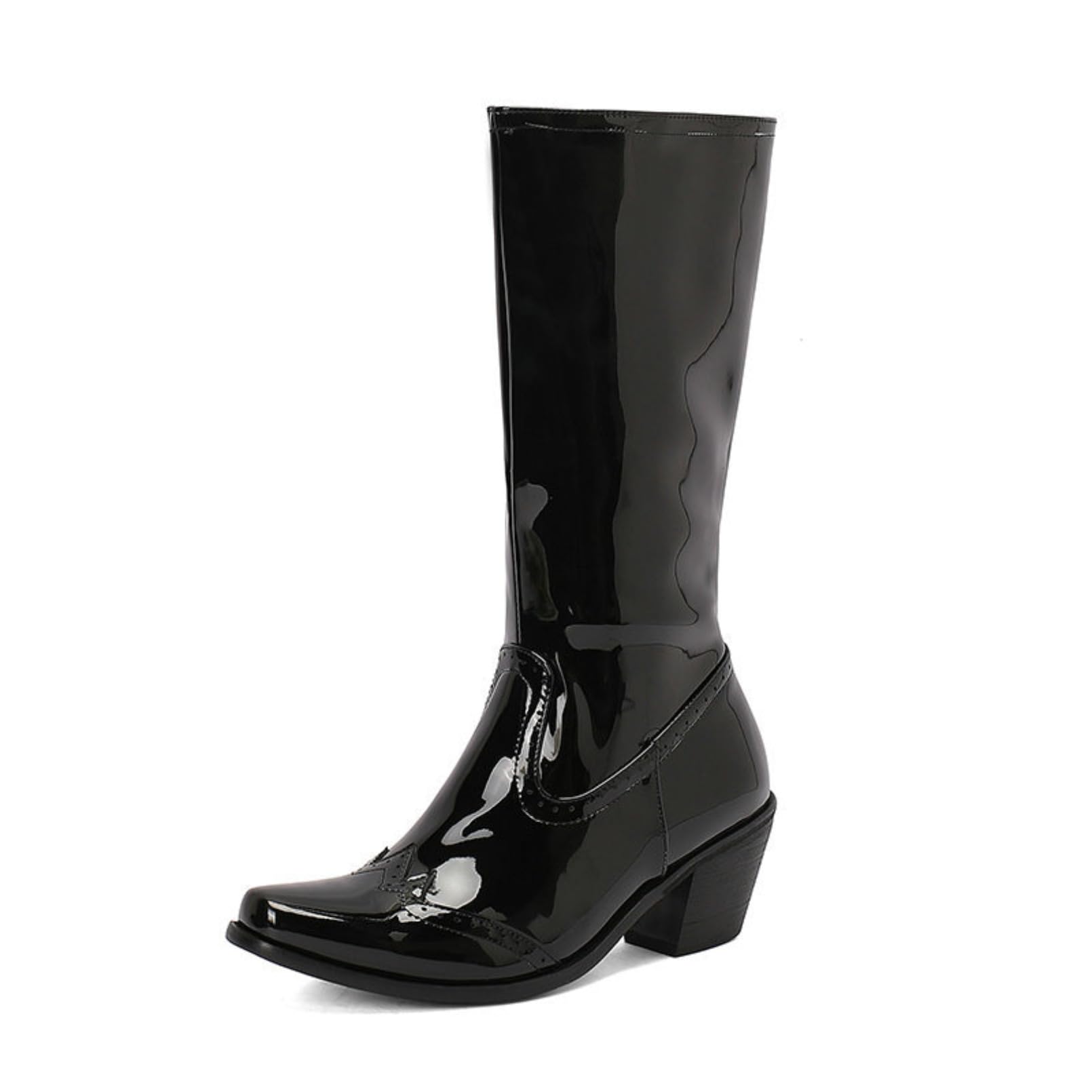 Mujer Botas Altas Sencillas De Punta Cuadrada Tacón De Bloque Grueso Botas Largas De Cuero Charol Plataforma Botas De Montar Altas Cremallera Lateral Color Sólido