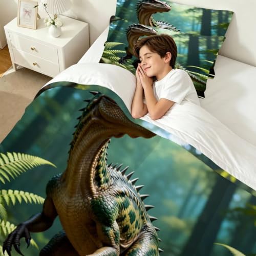 Image of Jungle Dinosaur Comforter Set Full Size Boys Kids Teens Bedding Set | Green Rainforest Forest 3 Piece Bed Sets for Boys Teens, 1 Comforter 2 Pillowcase, Room Decor Soft Microfiber All Season