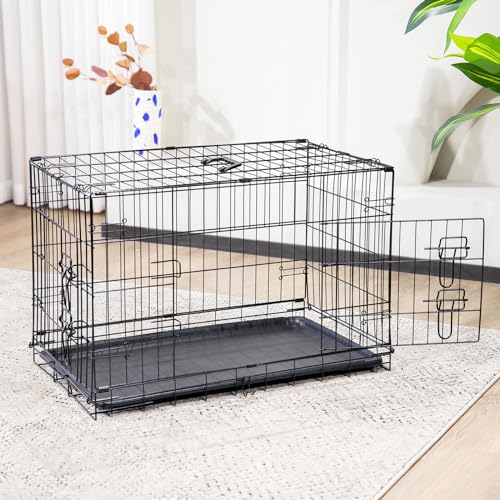 Crates-for-Dogs-Double-DoorEnhanced-Metal-Structure-with-Divider-Panel-Removable-TrayMedium-Homes-Foldable-Cage-for-Pets-Portable-Handle-Move-to-IndoorOutdoor