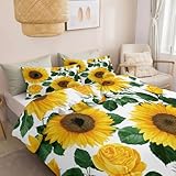 Funda Nórdica 4 Estaciones 135 x 200 cm Plantas Flores Girasol Hojas, Juego de Cama de Microfibra Suave Vintage - Ropa de Cama Transpirable Suave para la Piel con Cierre de Cremallera