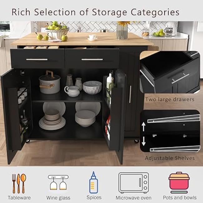 Kitchen Island with Drop Leaf, Kitchen Storage Cart with 3 Tier Pull Out Cabinet Organizer, Internal Storage Rack, Rolling Kitchen Cart on Wheels with Towel Rack, 2 Drawers, for Kitchen (Black)-W0Vil7JK