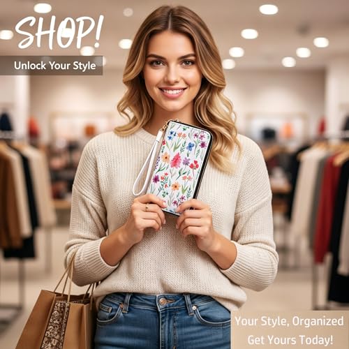 Image of Checkered Highland Cow Print Book Wallet For Women Skull Goth Frog Butterfly Ladies Cluth Wristlet Wrist Strap Long Purse Zip Around Card Holder