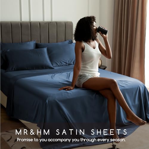 Image of MR&HM Satin Bed Sheets with Elastic Corner Straps, King Size Sheets Set, 4 Pcs Silky Bedding Set with 15 Inches Deep Pocket for Mattress (King, Mood Indigo)