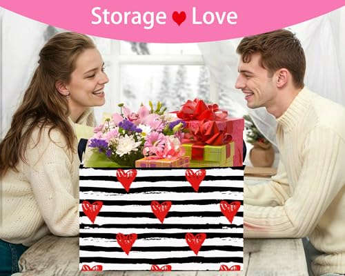 Image of Valentines Day Basket for Kids Heart Shaped Empty Storage Bins for Gifts with Handles Room Decor (Black Dash Red Love)