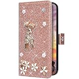 Uposao Kompatibel mit iPhone 12 Pro Max Hülle Leder Handyhülle Glänzend Glitzer Bling Strass Diamant Blumen Tier Flip Case Schutzhülle Leder Tasche Klapphülle Kartenfach,Rose Gold