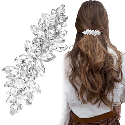 Joez Wonderful Rhinestone Hair Clips Silver Bridal Hair Accessories for Women Sparkly Crystal Hair Pins Fancy Flower Hair Barrettes for Wedding Bride Long Hair (1 Pcs)