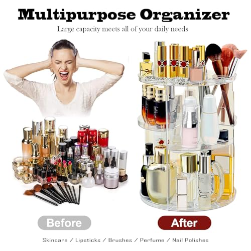 Image of 360 Rotating Makeup Organizer for Vanity Adjustable Cosmetic Display Case Large Capacity Skincare Organizers Perfume Organizer Spinning Holder for Countertop Vanity and Bathroom
