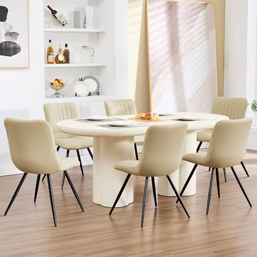 Image of Dining Chairs Set of 6, Modern Dining Chairs with Thick Cushions, PU Leather Upholstered Kitchen Dining Room Chairs with Metal Legs for Dining Living Room (Khaki)