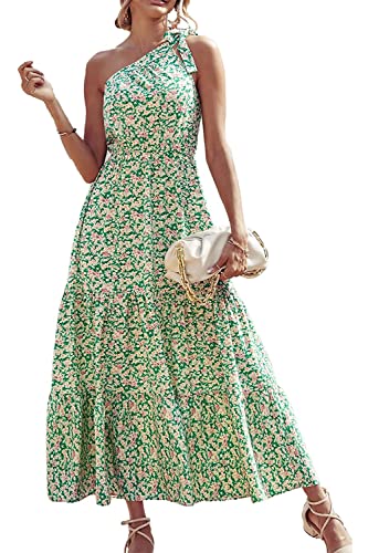 ABINGOO Mujer Maxi Vestidos Bohemio Sin Mangas de Verano Vestidos de Cóctel Vestido Informal de Fiesta Estampado Floral Diseño un Hombros(Verde,S) Cover