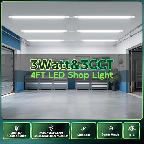 Image of Hlite LED Shop Lights 4FT with Reflector,5500LM,3 Power Level&3CCT,2 Pack | Shop Light 4000K /5000K /6500K Tunable,5W /34W /42W Switchable,Linkable Utility Shop Light for Workshop,Garage,Basement,Warehouse