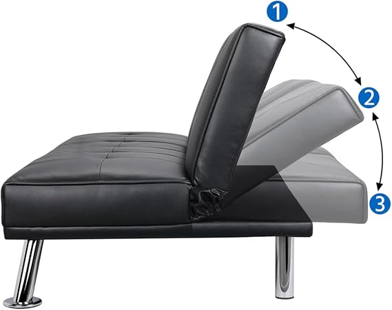 Futon Sofa Bed, Convertible Sofa Bed Adjustable Couch Sleeper, Modern Faux Leather Couch Bed, Folding Recliner with 2 Cup Holders and Armrest, Reversible Loveseat Folding Daybed Guest Bed, Black