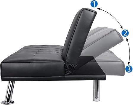 Futon Sofa Bed, Convertible Sofa Bed Adjustable Couch Sleeper, Modern Faux Leather Couch Bed, Folding Recliner with 2 Cup Holders and Armrest, Reversible Loveseat Folding Daybed Guest Bed, Black