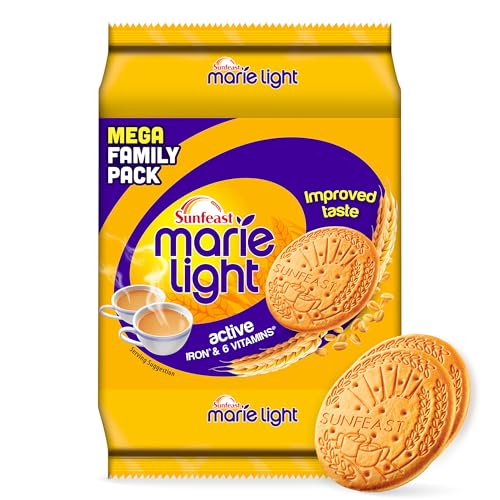 Image of Sunfeast Marie Light Active, Marie Biscuits with Iron and 6 Vitamins, Tea-Time Biscuits Family Pack, Wheat, 956G /1KG