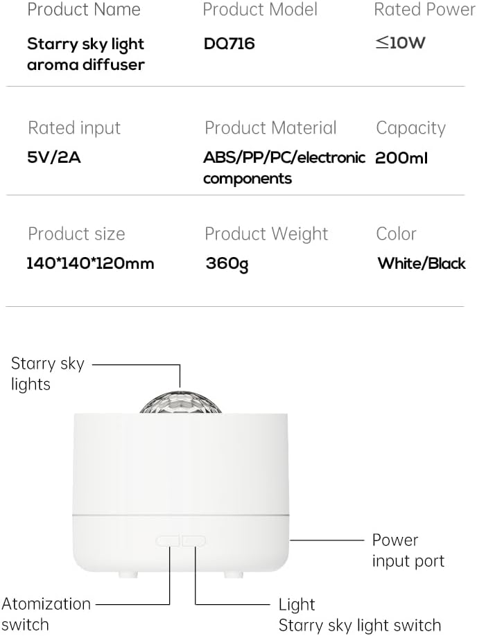 Star Sky Lamp Aromatherapy Diffuser, 200ml Essential Oil Diffuser with Rotating Projection, Cool Mist Humidifier for Bedroom with Auto Shut-off, Home Decor Gifts