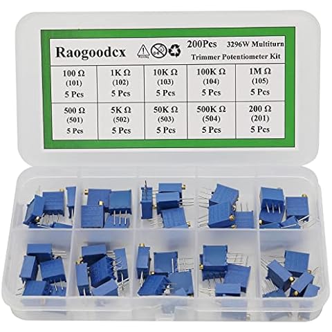Raogoodcx 50Pcs 100 to 500K ohm 3296W Multiturn Trimmer Potentiometer Assorted Kit Variable Resistor 10 Value Cover