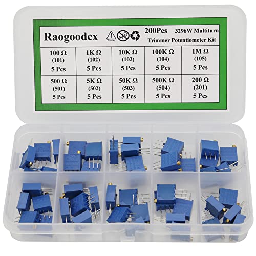 Raogoodcx 50Pcs 100 to 500K ohm 3296W Multiturn Trimmer Potentiometer Assorted Kit Variable Resistor 10 Value