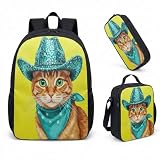 Conjunto de mochila com chapéu de caubói rosa Sakura 43 cm vibrante gato malhado gato malhado bolsa gráfica para mulheres viagem laptop mochila dia dia, 06, Large