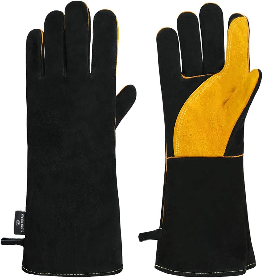 OLSONDEEPAK Welding Gloves with Kevlar Stitching, Genuine Leather Extreme Heat Resistant Glove for Fireplace, Stove,Oven,Grill, BBQ, Mig, Pot Holder, Animal Handling (Black)